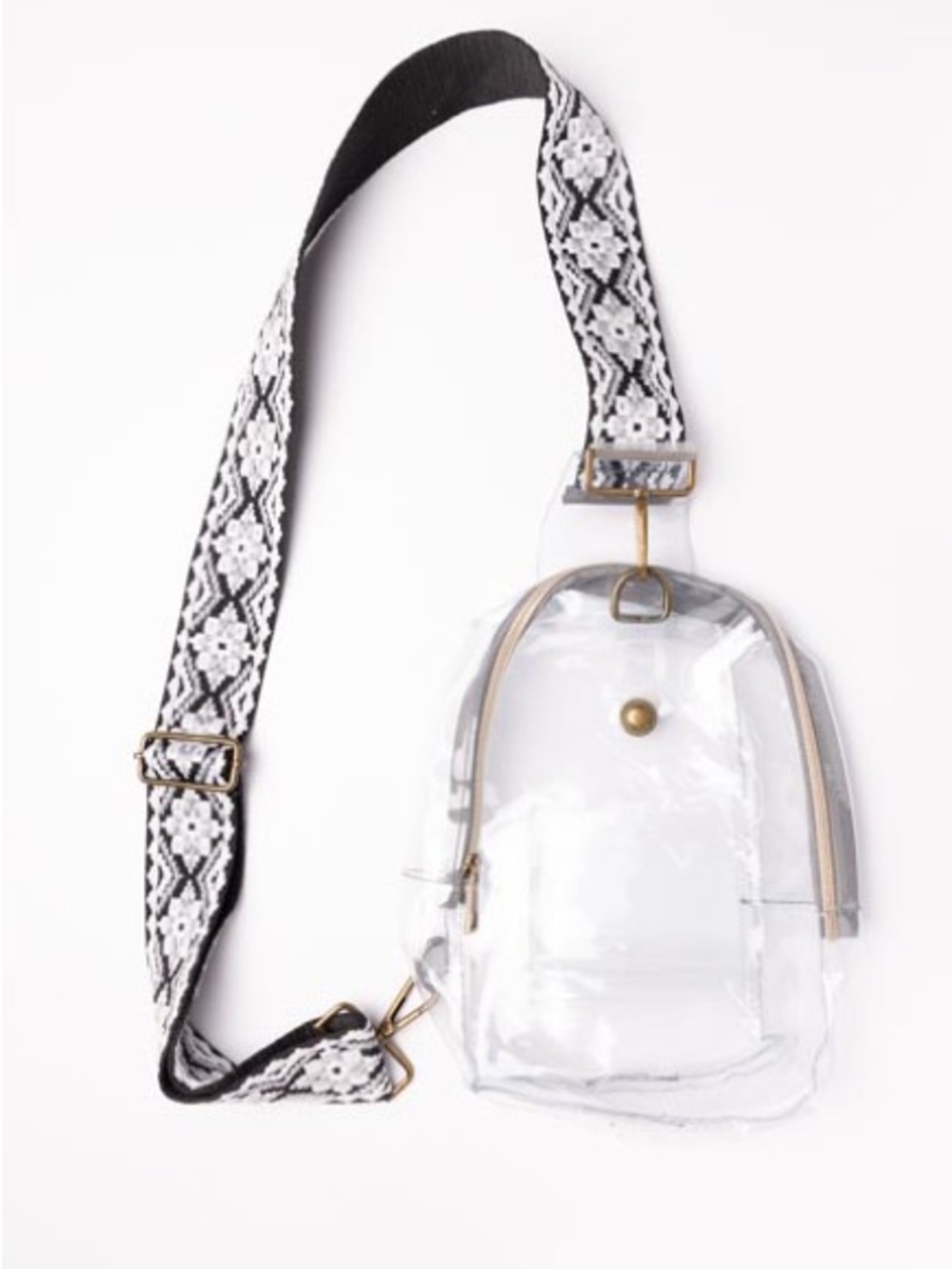 Clear Crossbody Sling Bag with Black & White Boho Strap